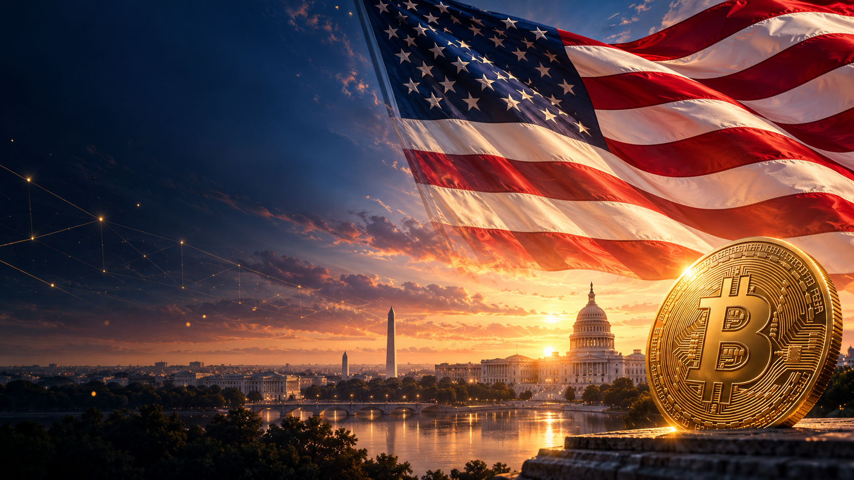 American flag, Bitcoin emblem and Washington skyline at sunrise